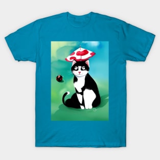 Cute Tuxedo Cat with Ladybug Copyright TeAnne T-Shirt